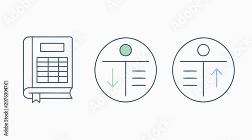 Thin line vector icon set for accounting ledger, debit and credit entries, bookkeeping records, calculator journal pages and financial balance reports in editable stroke style for business