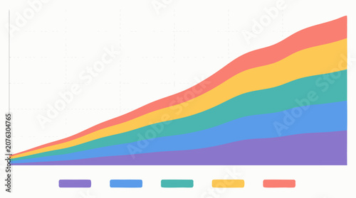 Colorful stacked area trend infographic with smooth rising filled curves, soft gridlines and legend swatches, ideal for growth analytics, finance reports and editable vector dashboards