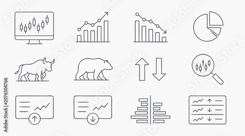 Stock trading thin line icon collection featuring candlestick monitor, bullish and bearish charts, pie allocation, buy sell arrows, ticker lists and market analysis tools in editable vector style