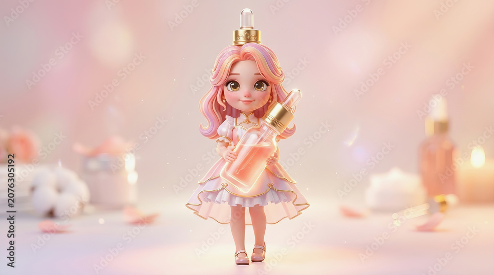 Fototapeta premium Cute doll with pink hair holding perfume bottle in soft pastel background for skincare product showcase