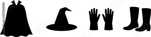 A vector illustration showcasing Halloween costume accessories like a witch hat, broom, gloves, and boots.