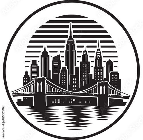 New York City Skyline Logo with Brooklyn Bridge Silhouette and Skyscrapers in Circular Badge