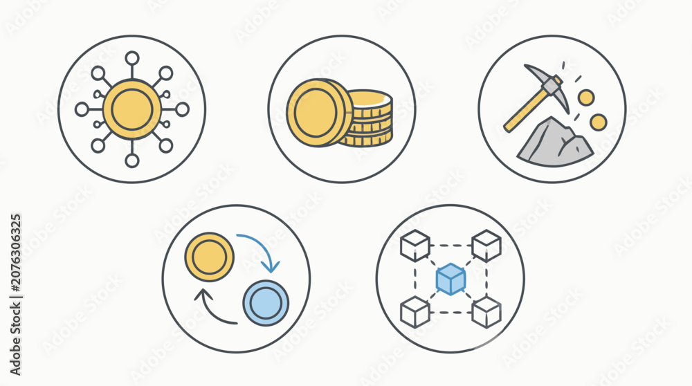 Fototapeta premium Cryptocurrency rounded line icon set with digital coin network, token stacks, mining pickaxe, exchange arrows and blockchain ledger nodes, editable stroke vector illustration for fintech