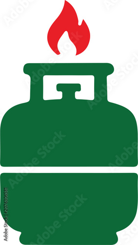 Green gas cylinder with flame.