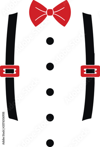 Red bow tie and suspenders.