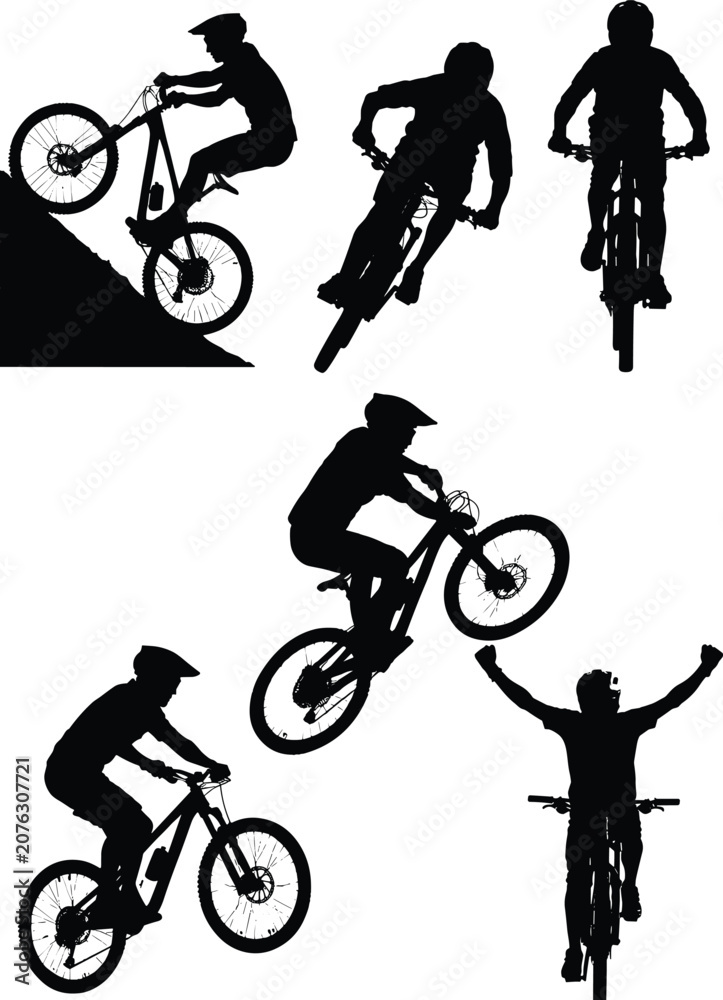 Obraz premium Silhouettes of cyclists performing stunts, jumps, and tricks on bicycles showing dynamic motion and skill