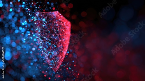 Digital shield with glowing particles, representing security and data protection