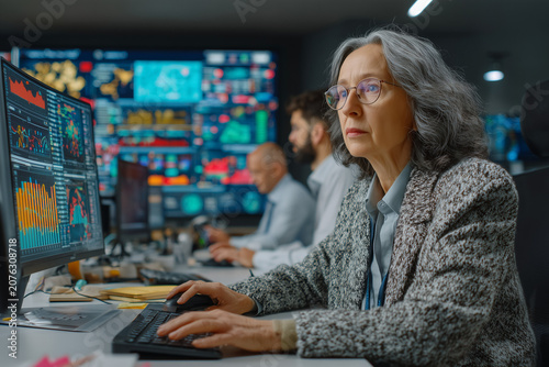 Focused Analyst at Work: An experienced female analyst intently studies complex data on multiple computer screens in a modern control room, highlighting the demands of technology-driven industries.