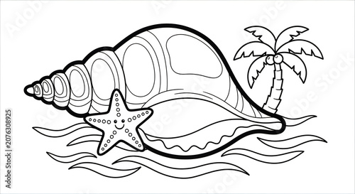Seashell and palm tree colouring page ocean life art for kids adults