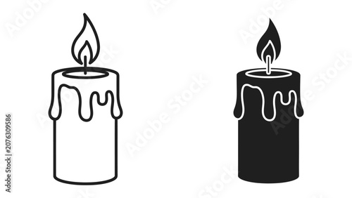 Foto Two Candles with Dripping Wax: A visual comparison of a lit candle in outline and silhouette form, both featuring dripping wax, symbolizing light, warmth, and the passage of time