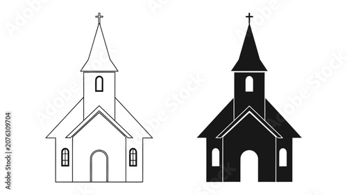 Canvas Print Church Silhouette: Two distinct styles of a church building, one outlined in black and white, the other a solid black silhouette, present classic architectural forms with a steeple and cross