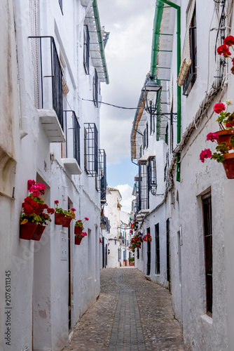 Charming Street View: White Andalusian Architecture with Colorful Flowers in Priego de Córdoba
