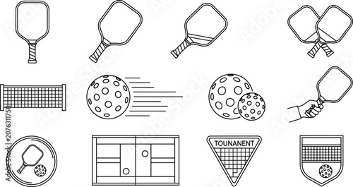 Fotografie Pickleball paddle vector icon set with ball net and court shapes for sports desi