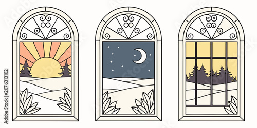 Fotografie Arched Windows Illustration Showing Day Night And Sunset Scenes