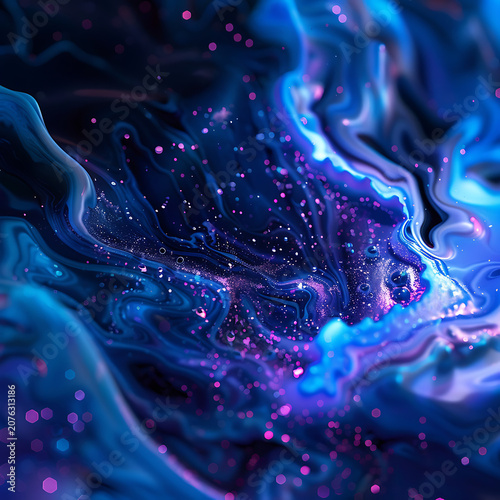 Dreamy dark blue and purple fluid marble texture with glowing star dust particles abstract background for luxury cosmetics packaging and modern art wallpaper