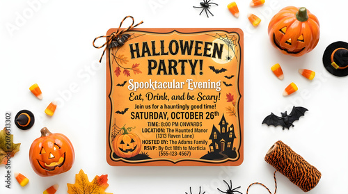 Happy Halloween Card with Pumpkins Orange Autumn Frame for Spooky Holiday Party Invitation and Seasonal Celebration Background Illustration