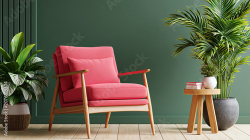 Pink armchair in a spacious room. Home interior.Modern living room.
