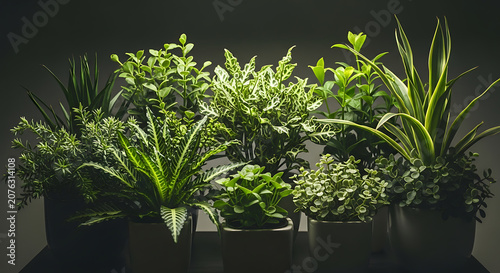 Collection of various indoor potted plants on a dark background