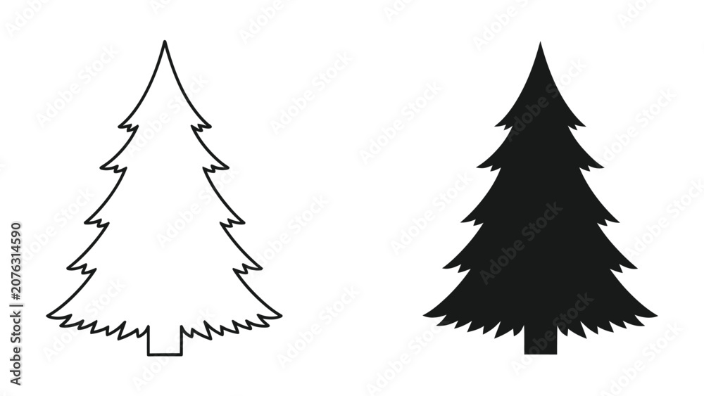 Fototapeta premium Christmas Tree Icon: A simple, stylized graphic featuring two evergreen trees, one outlined in white and the other solid black, symbolizing holiday spirit and winter celebration.