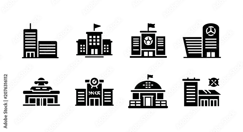 Obraz premium Set of Building Icons: Office, School, Government, and More