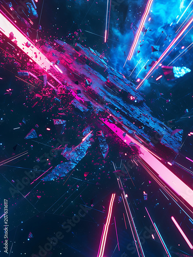 Epic sci-fi space asteroid explosion with neon pink and blue laser beam dramatic background for action video game promo and cinematic movie poster