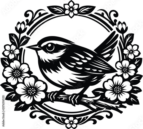Bild auf Leinwand Vintage wren illustration with floral wreath black and white bird artwork