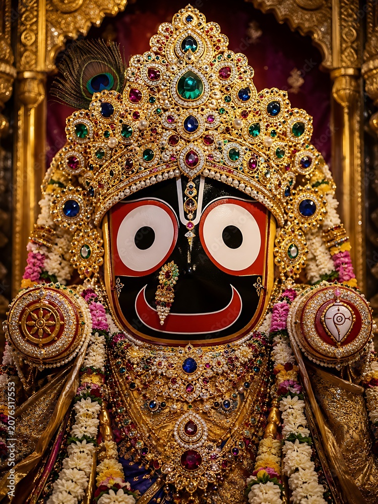 Fototapeta premium Indian Spiritual Festival of Jagannath Rath Yatra with Beautiful Wooden Chariots, Temple, Flowers, and Festive Crowd Vector