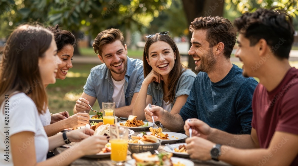 Obraz premium Young friends laughing and eating at outdoor picnic table