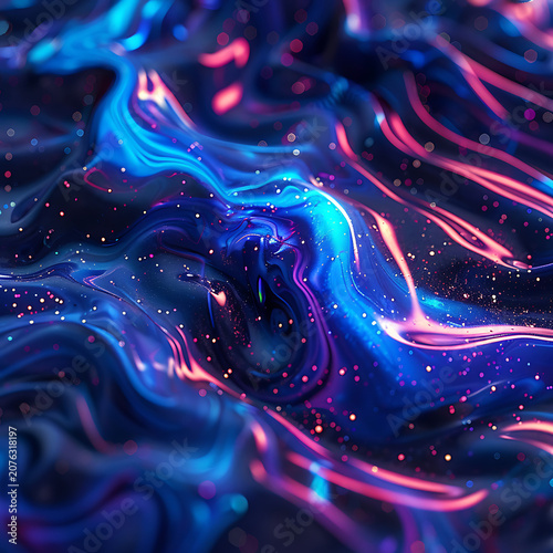 Gorgeous blue and magenta fluid acrylic paint swirl with glowing particles dreamy abstract background for modern UI design and creative brand packaging