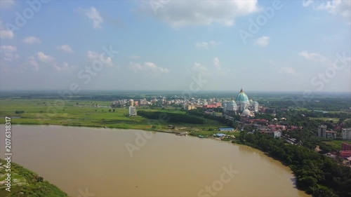 A drone flight over the Ganges towards the Vedic Planetarium in Mayapur