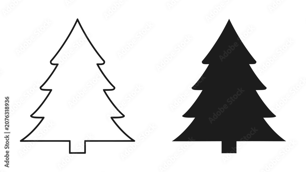 Fototapeta premium Christmas Tree Silhouette: Two stylized Christmas trees, one a simple outline and the other a solid black silhouette, represent the festive spirit and holiday season.
