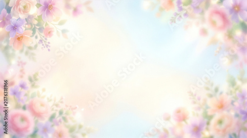 Dreamy Spring Floral Border Background with Pastel Garden Flowers