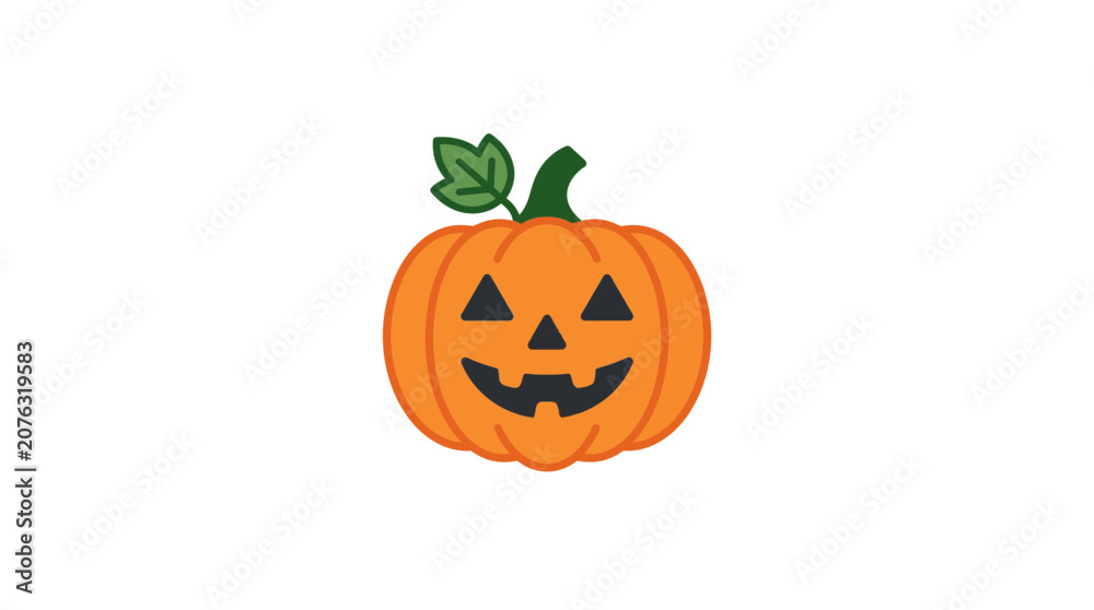 Obraz premium Cute Cartoon Jack-o-Lantern Pumpkin with Green Leaf