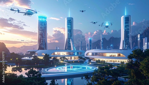 Futuristic Cityscape with Flying Vehicles and Modern Architecture.
