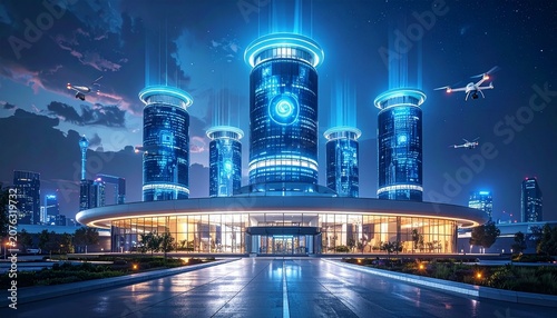 Futuristic Cityscape with Glowing Towers and Advanced Aerial Vehicles at Night.