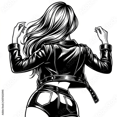 A fictional woman with short hair wearing a cropped leather jacket and high-waisted shorts, striking a fierce, confident pose that blends bold modern fashion with vintage pin-up influence. 
