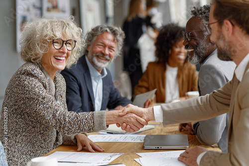 Handshake of Partnership: Two business professionals, one a mature woman with glasses and the other a man, shake hands across a table, symbolizing a successful deal and collaboration.
