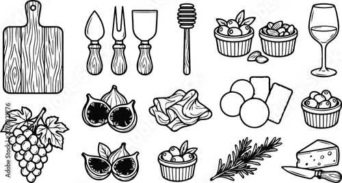 Cuadro en lienzo Black and White Outline Charcuterie Board Elements Vector Icon Set