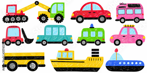 Bild auf Leinwand Colorful Hand Drawn Style Vehicles On A White Background