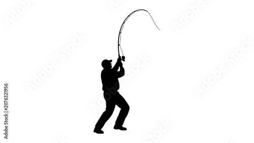 Fotografi Fishing Rod Tension: Silhouette of a fisherman intensely reeling in a catch, the bent fishing rod a dramatic curve against the sky, embodying the thrill of the sport