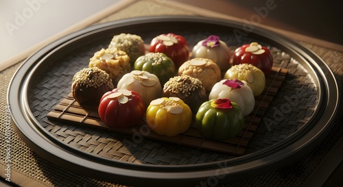 Assorted colorful traditional rice cakes on bamboo mat
