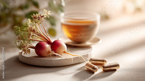 Fresh organic radishes with herbal tea and golden supplement capsules on stone podium
