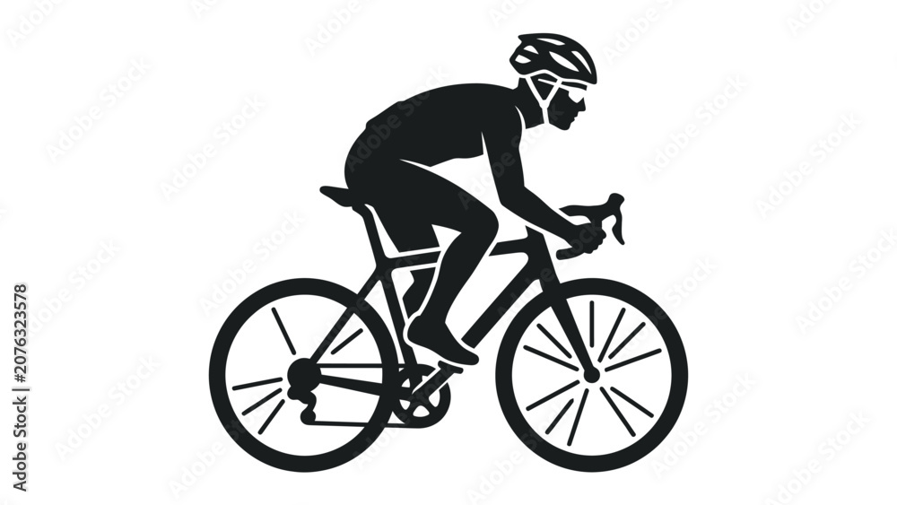 Fototapeta premium Silhouette of Cyclist on Road Bike: A stylized black silhouette of a person riding a road bike, wearing a helmet and athletic gear, captured in motion.
