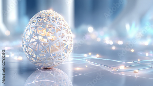 White geometric lattice mesh egg on glossy high tech floor with soft blurred neon lights