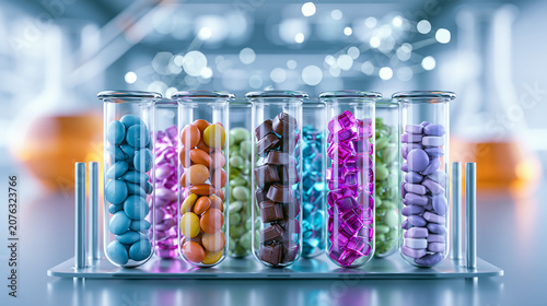 Colorful chocolate candies inside glass test tubes in modern high tech laboratory background