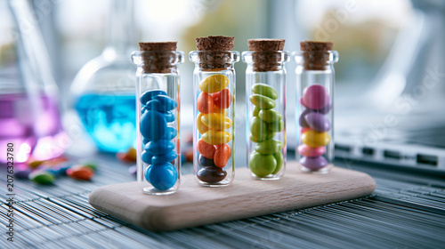 Vitamins and chocolate supplement pills inside corked glass bottles on wooden plate background