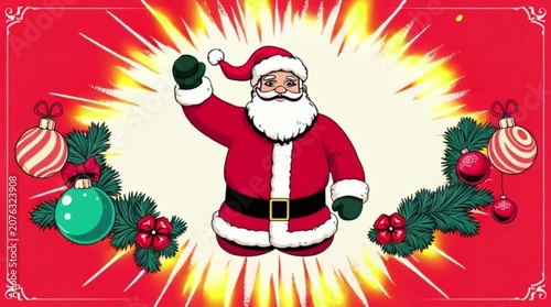 Santa Claus in Red Suit Celebrating Merry Christmas with Holiday Ornaments and Festive Decor on a Vibrant Background