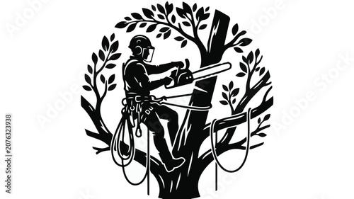 Arborist Silhouette Vector Logo Lumberjack Tree Surgeon Cutting with Chainsaw Graphic