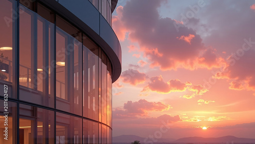 Curved glass high-rise overlooking glowing pink-orange sunset sky