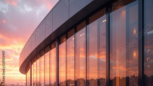 Curved glass building reflecting warm pink sunset clouds